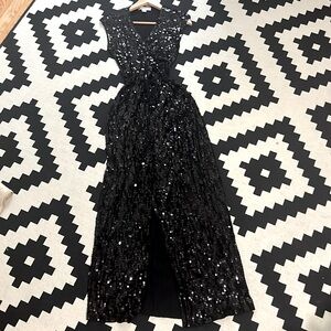Michael Kors Cap Sleeve Black Sequin Wrap Dress